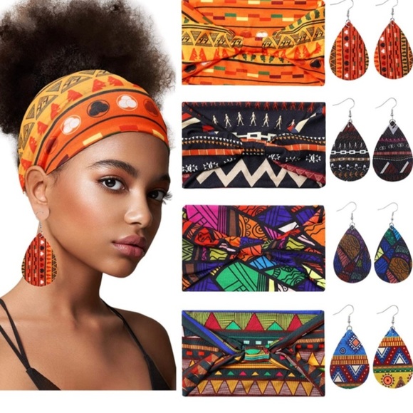 4 Pairs African Faux Leather Earrings and 4 Pieces African Headbands. main image 6